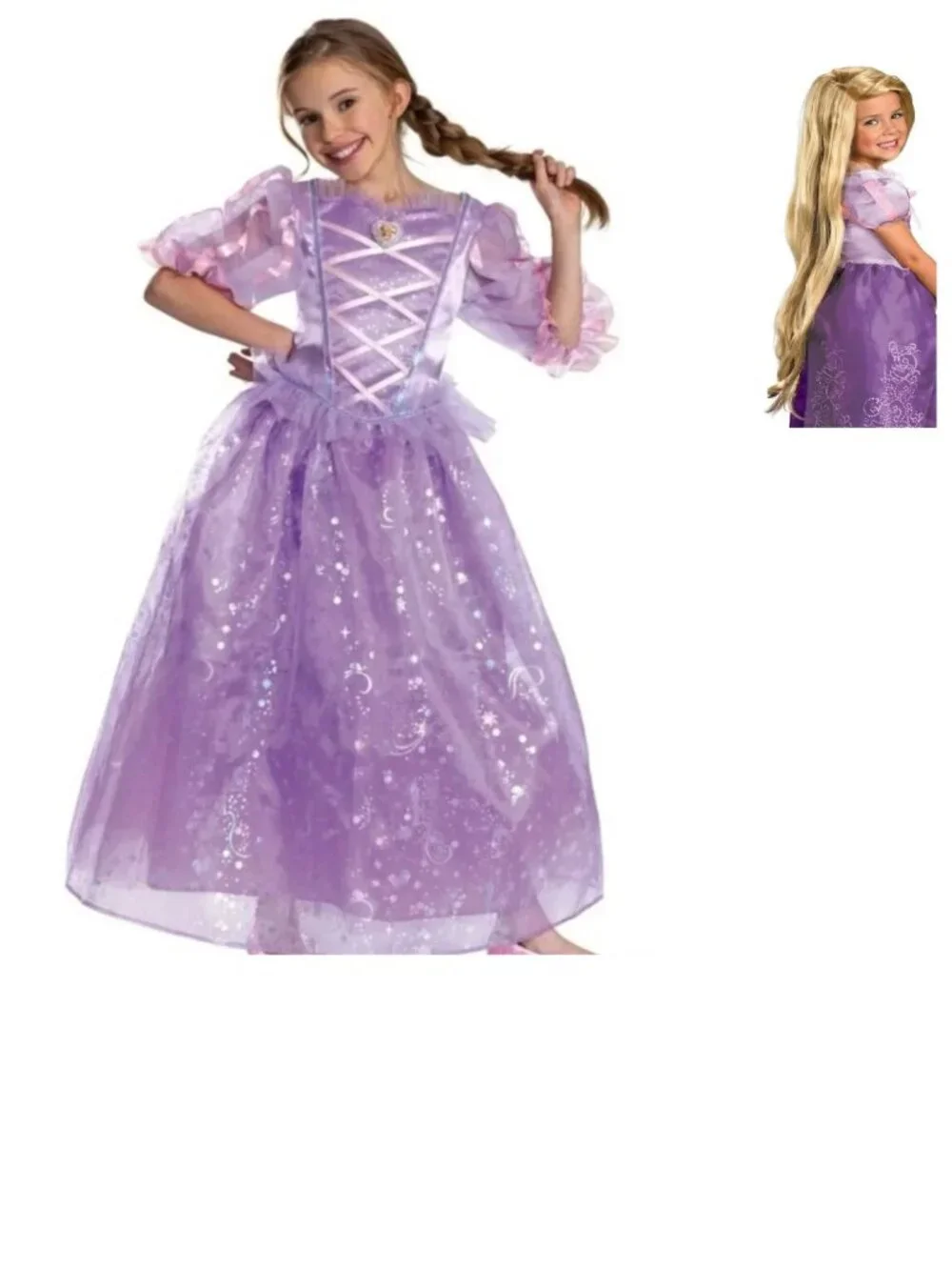 Princess Rapunzel & WIG 7/8 Halloween Costume Purple Dress Tangled Girls Disney